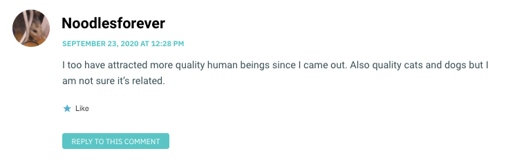I too have attracted more quality human beings since I came out. Also quality cats and dogs but I am not sure it’s related.