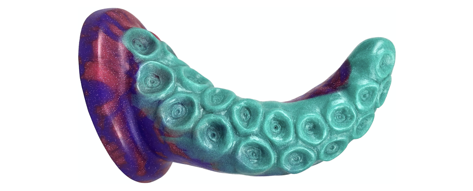 a purple/pink/turquoise dildo with a sharp curve and a lot of tentacle-like suckers all over the surface