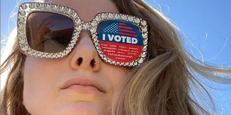 Caroline Rose Giuliani has on blinged out sunglasses, one of the lenses is covered with an 