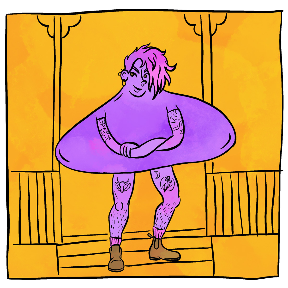 Illustration of an anthropomorphized Enby toy, standing on their front porch with their arms crossed, with an asymmetrical pink haircut and confident expression.