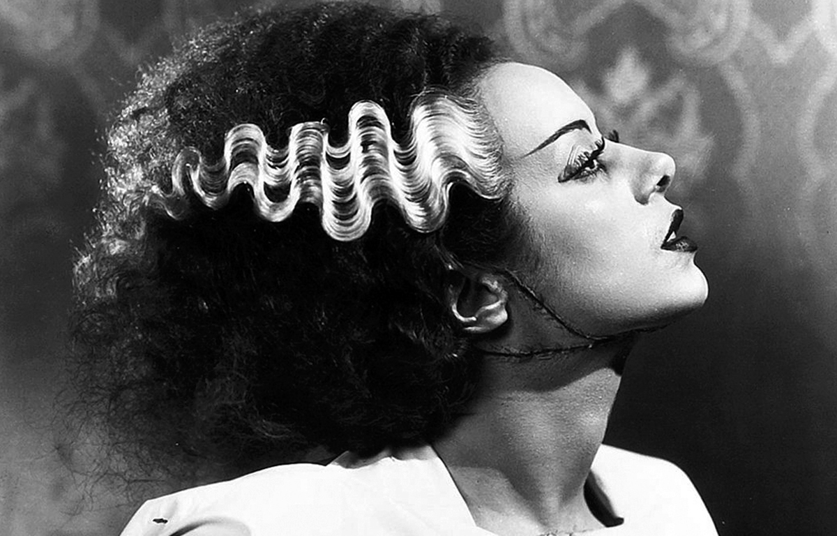 A black and white still of the Bride of Frankeinstein in profile, looking to the viewer's right.