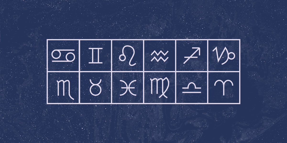 Queer Horoscopes: A stylized graphic featuring a grid of the 12 astrological signs in a light lavender against a swirled muted navy blue background.
