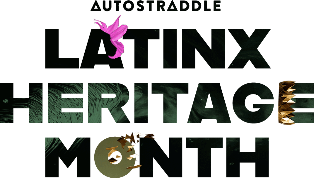 Autostraddle Latinx Heritage Month Header. Letterforms are adorned by a small pink daffodil, a sideways gold shard crown and a shattered gold shards.