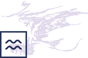 Stylized image of the Aquarius symbol over an abstract freeform purple shape