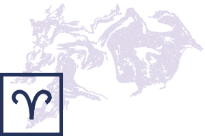 Stylized image of the Aries symbol over an abstract freeform purple shape