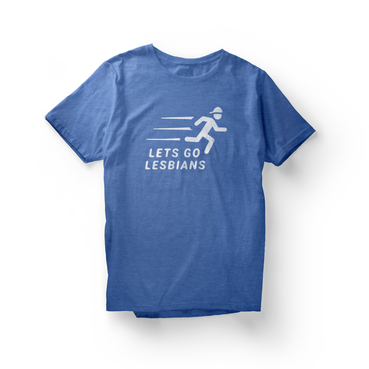 Blue shirt with a white "Let's Go Lesbians" graphic of a figure with a backwards baseball cap running.