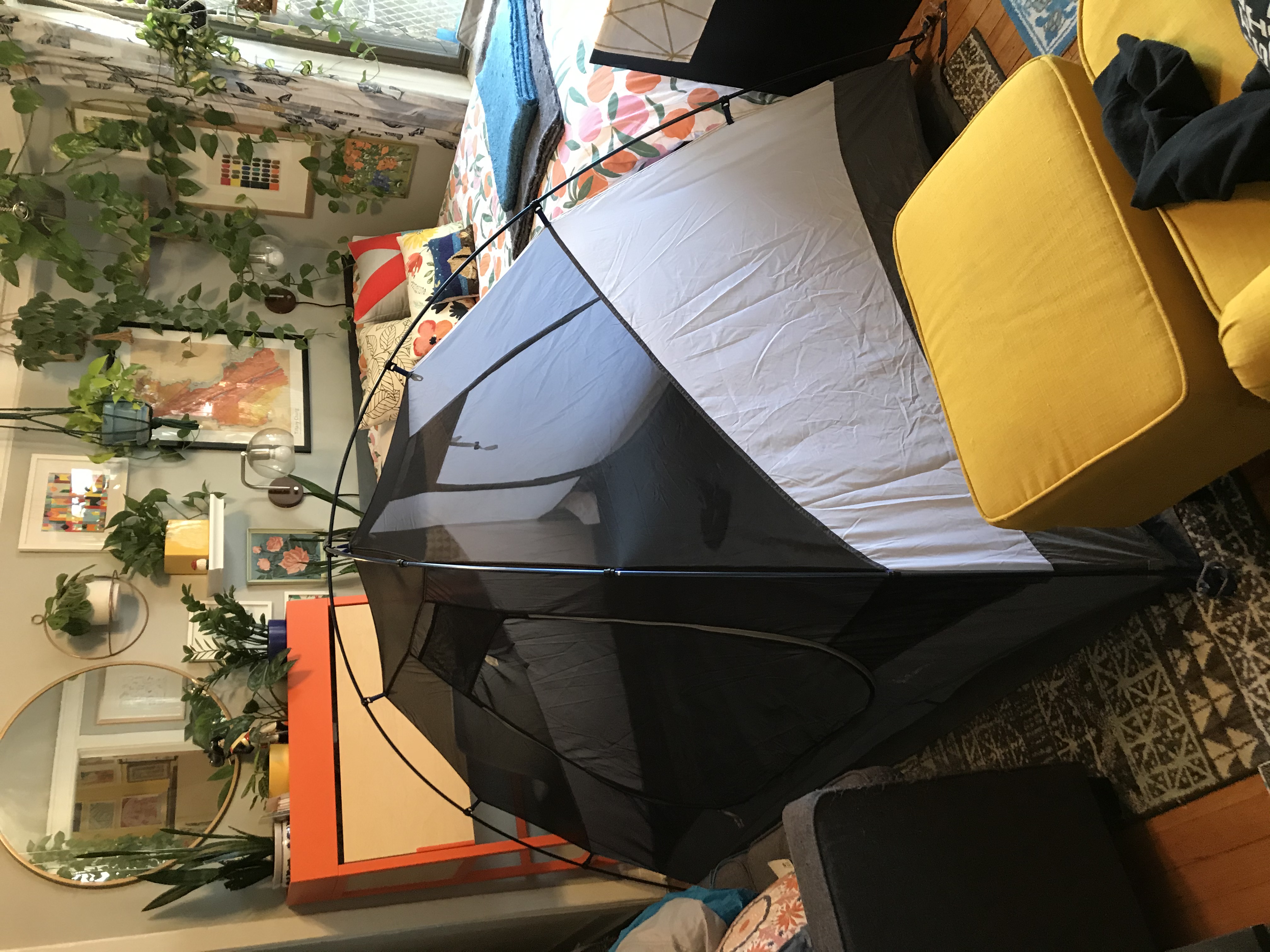 A tent constructed in a cramped living room.