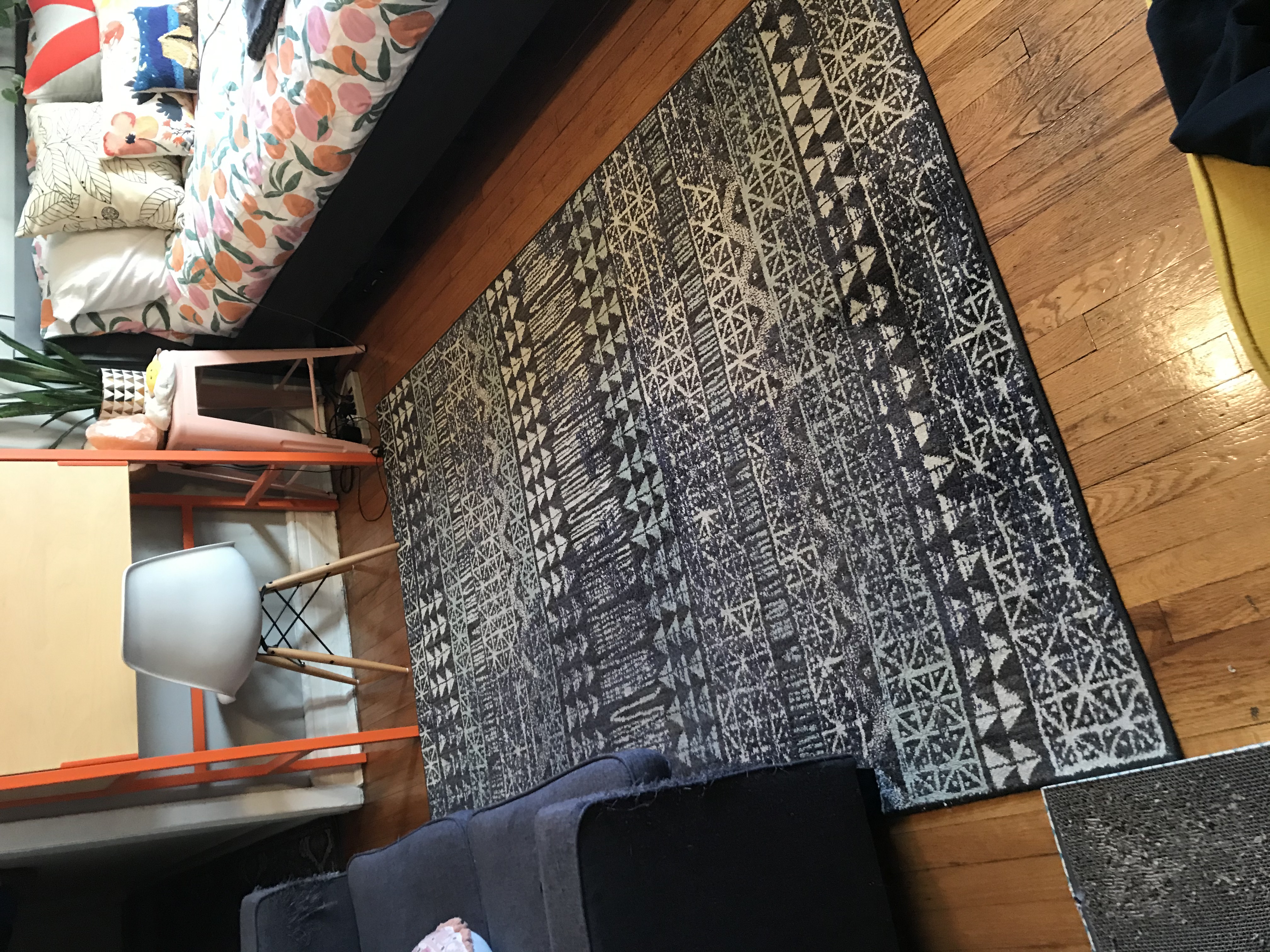An empty apartment living room with the area rug clear, no tent.