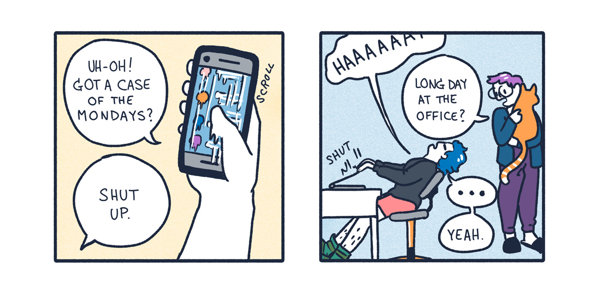 A two panel comic. In it, a blue haired queer person gets frustrated working from home, yelling 