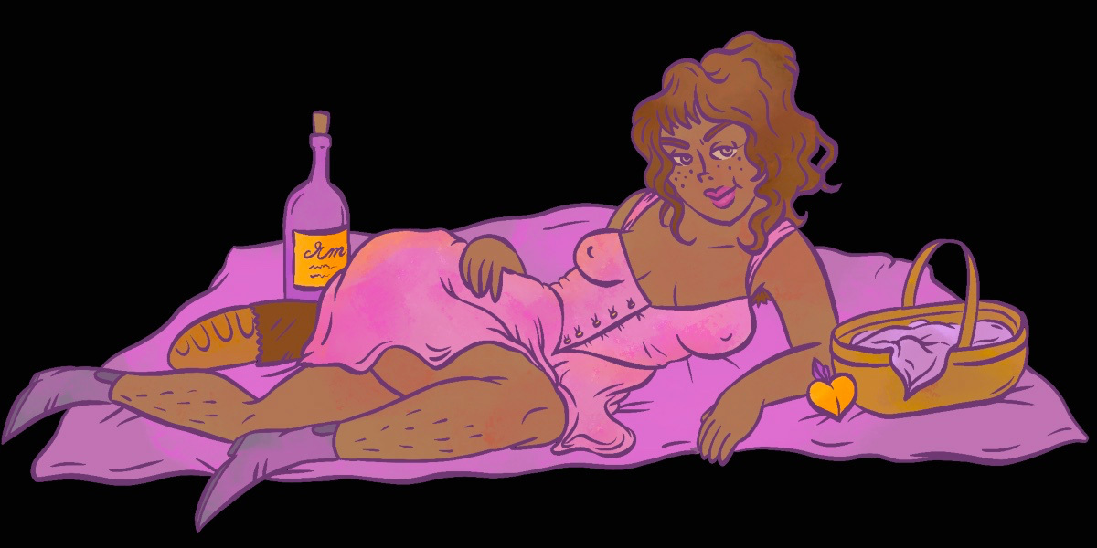 an illustration of woman in a pink sun dress lies suggestively on her side on a picnic blanket with an arm on her hip. she's sharing the blanket with a bottle of wine, a loaf of bread, a picnic basket and a peach.