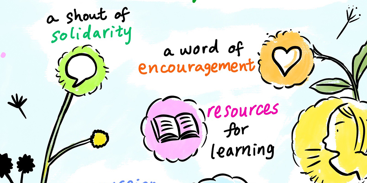 A hand drawn image of colorful dandelions, around each are a set of words defining a 