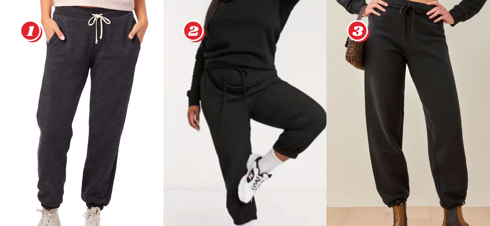 Three pairs of dark grey to black sweatpants: 1. Alternative Apparel Classic Eco-Fleece Sweatpants (XS - XL) - $32.50 from $54 with code 50CYBER, 2. Asos Curve Womens Sweatpants - (12 - 24) $22.50 from $45, 3. The Boyfriend Sweatpant - (XS - XL) $54.60 from $78