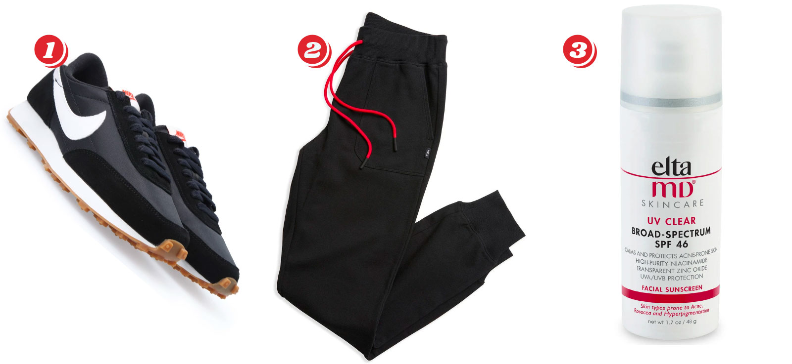 1. Black and White Nike Daybreak Trainers - $47 from $120, 2, TomboyX French Terry Black Jogger (XS - 4XL) - $45 from $60 with code BF2020, 3. EltaMD UV Clear Broad-Spectrum SPF 46 - $28.80 from $36