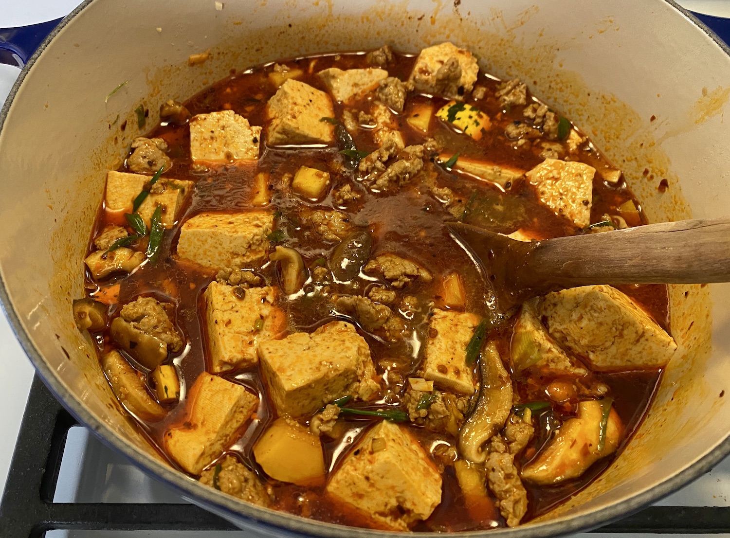 mapo tofu simmering on the stove