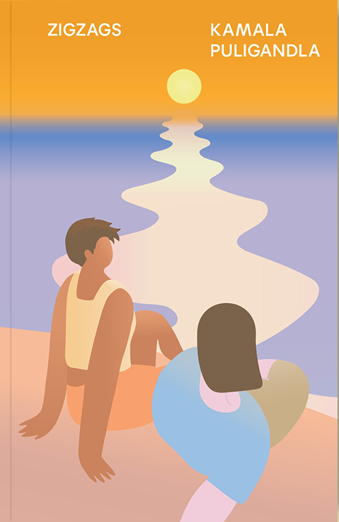 the cover of Kamala's novel, Zigzags. the cover is a graphic that features two queer women lounging beside Lake Michigan as the sun sets into the purple water.