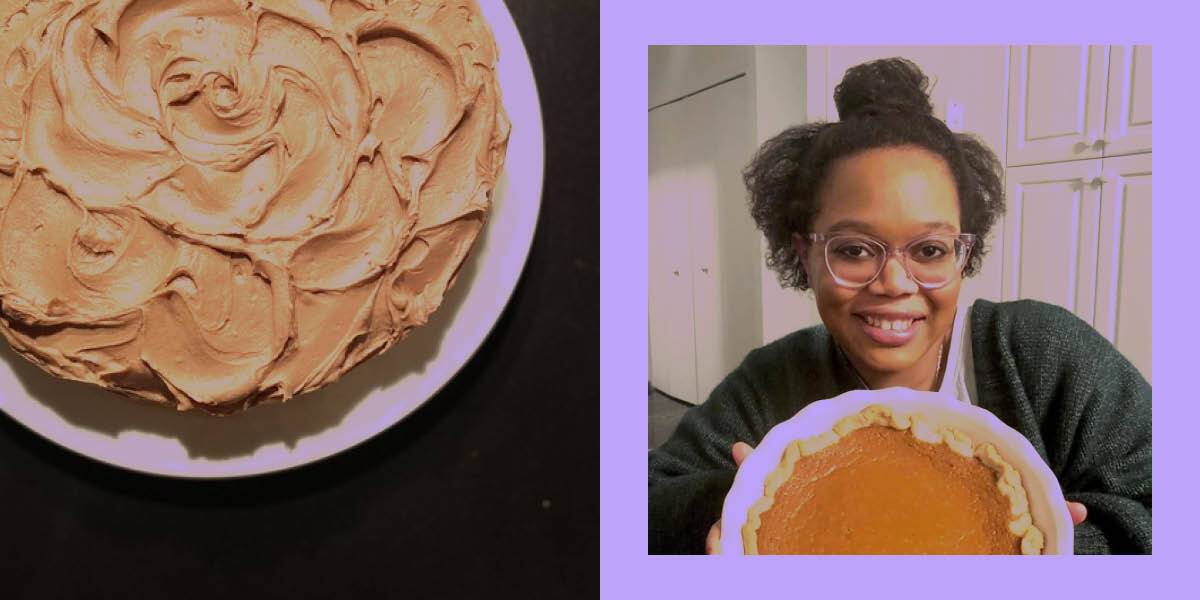 To the left, a beautifully frosted chocolate cake, and to the right, Carmen smiles with a pumpkin pie and her hair in a bun.