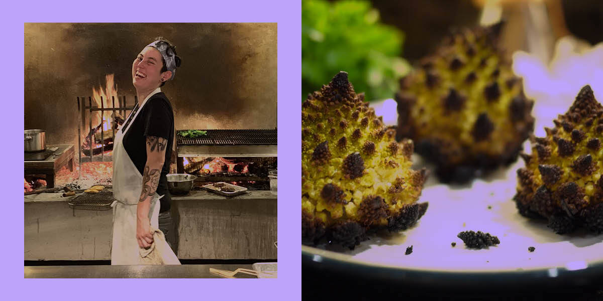 Kenya stands in front of a fire on the left, smiling, to the right are charred romanesco broccoli