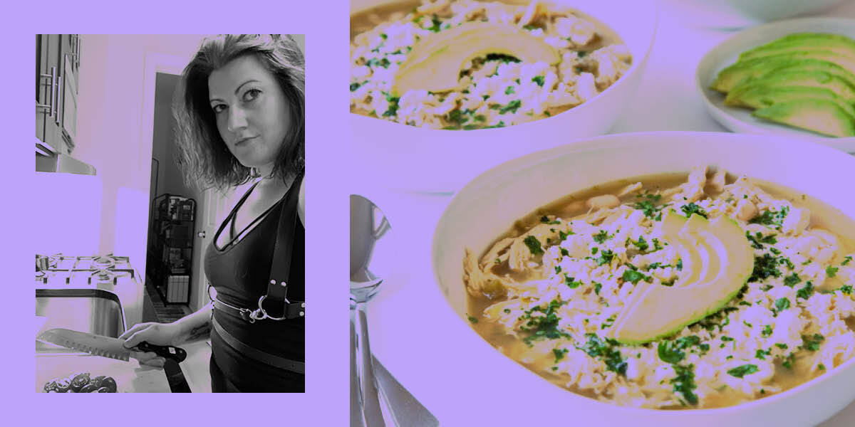 To the left is Meg, chopping vegetables in a black and white photo while also wearing a stylish chest harness. To the right is a beautifully styled soup with avocado and cheese atop it.