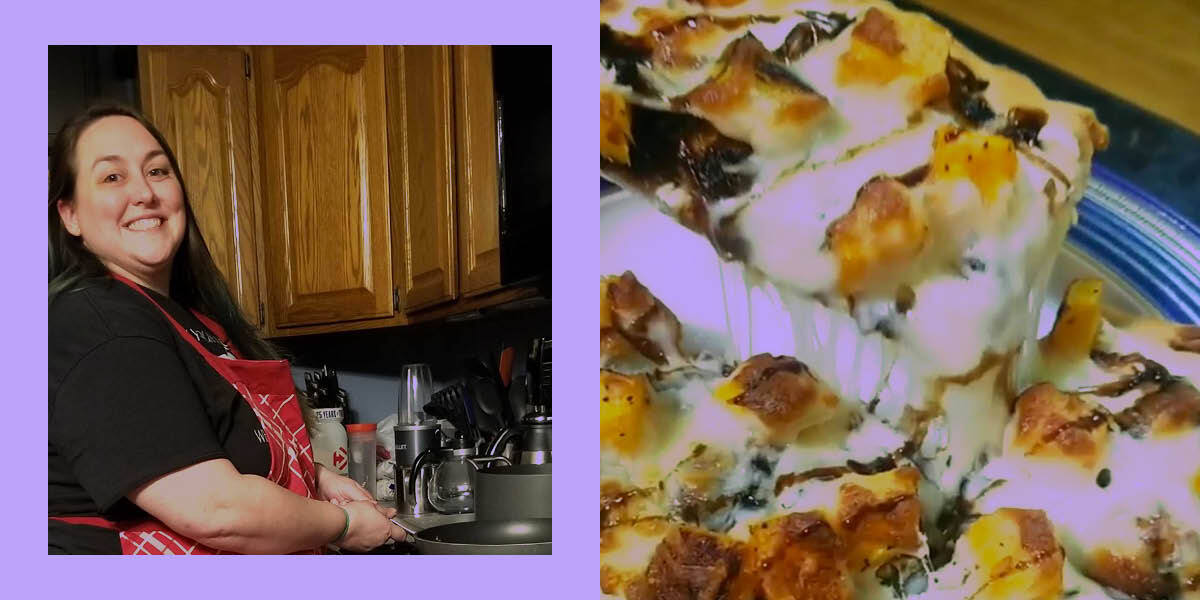 To the left is Valerie, holding a frying pan, to the right is a close up of a delicious flatbread by Valerie, very cheesey!