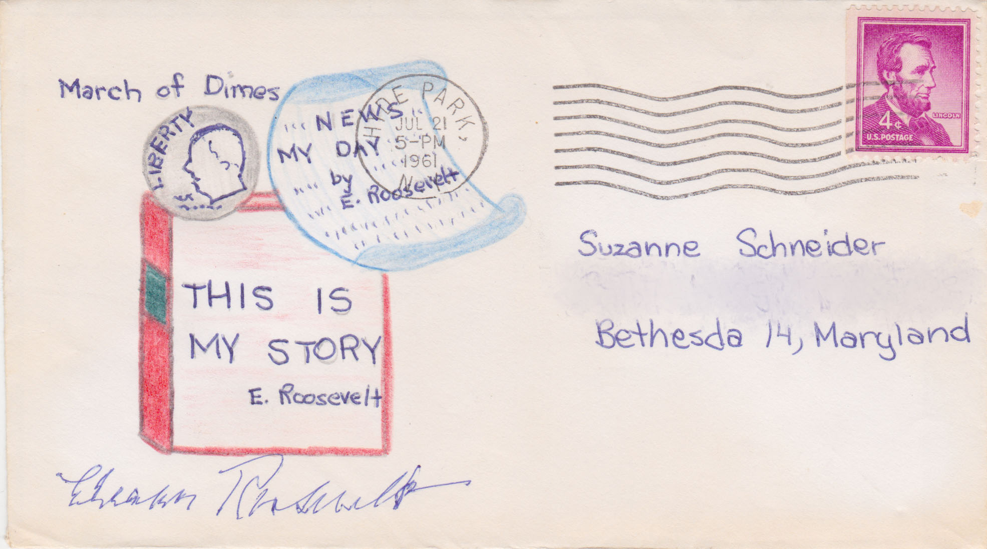 An envelope from the 1940s from Eleanor Roosevelt is a warm peach colored with brightly decorated colored pencil doodles in coral and light blue decorated across the sides and up the middle.