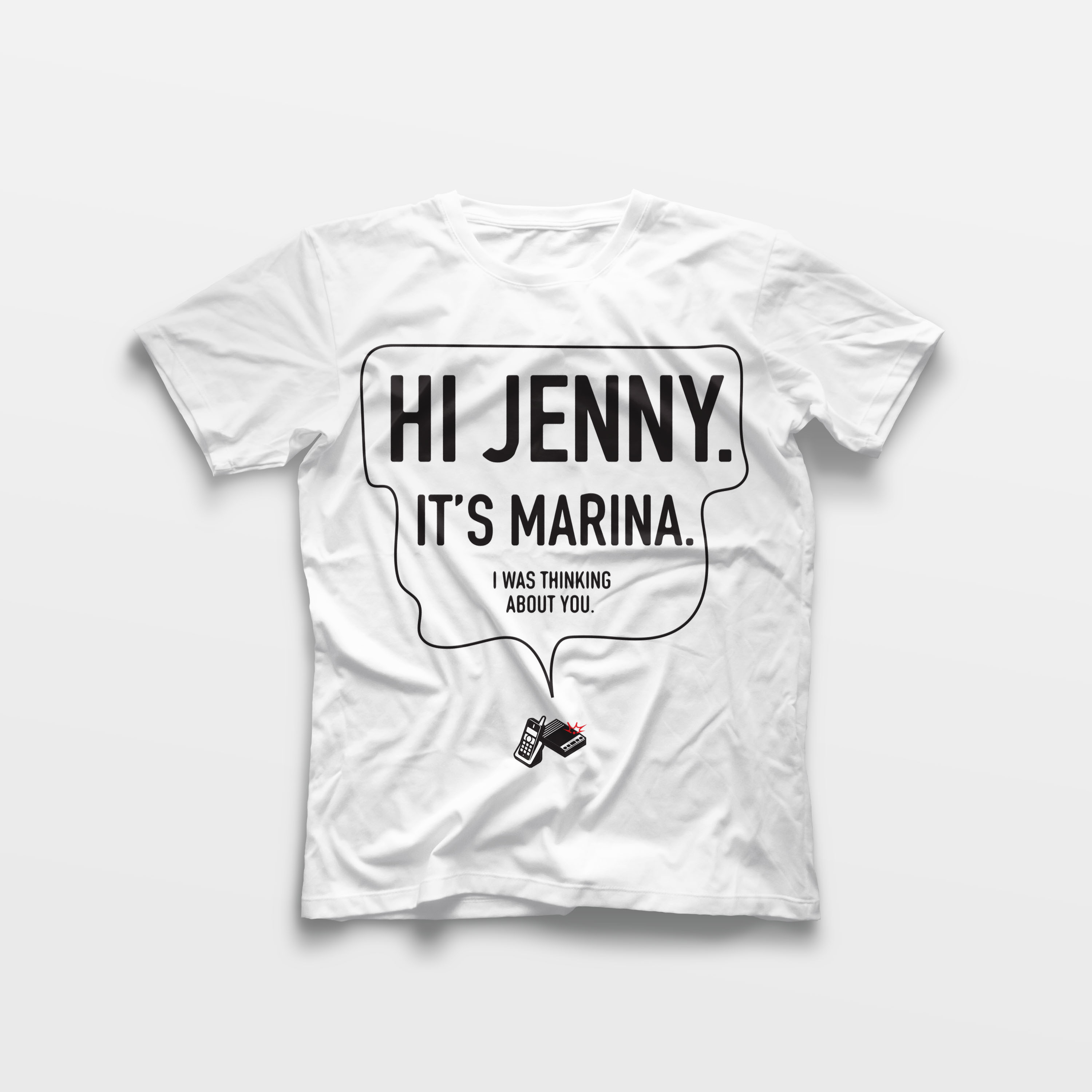 A white shirt says "Hi Jenny. It's Marina" in the style of the Chipotle logo.