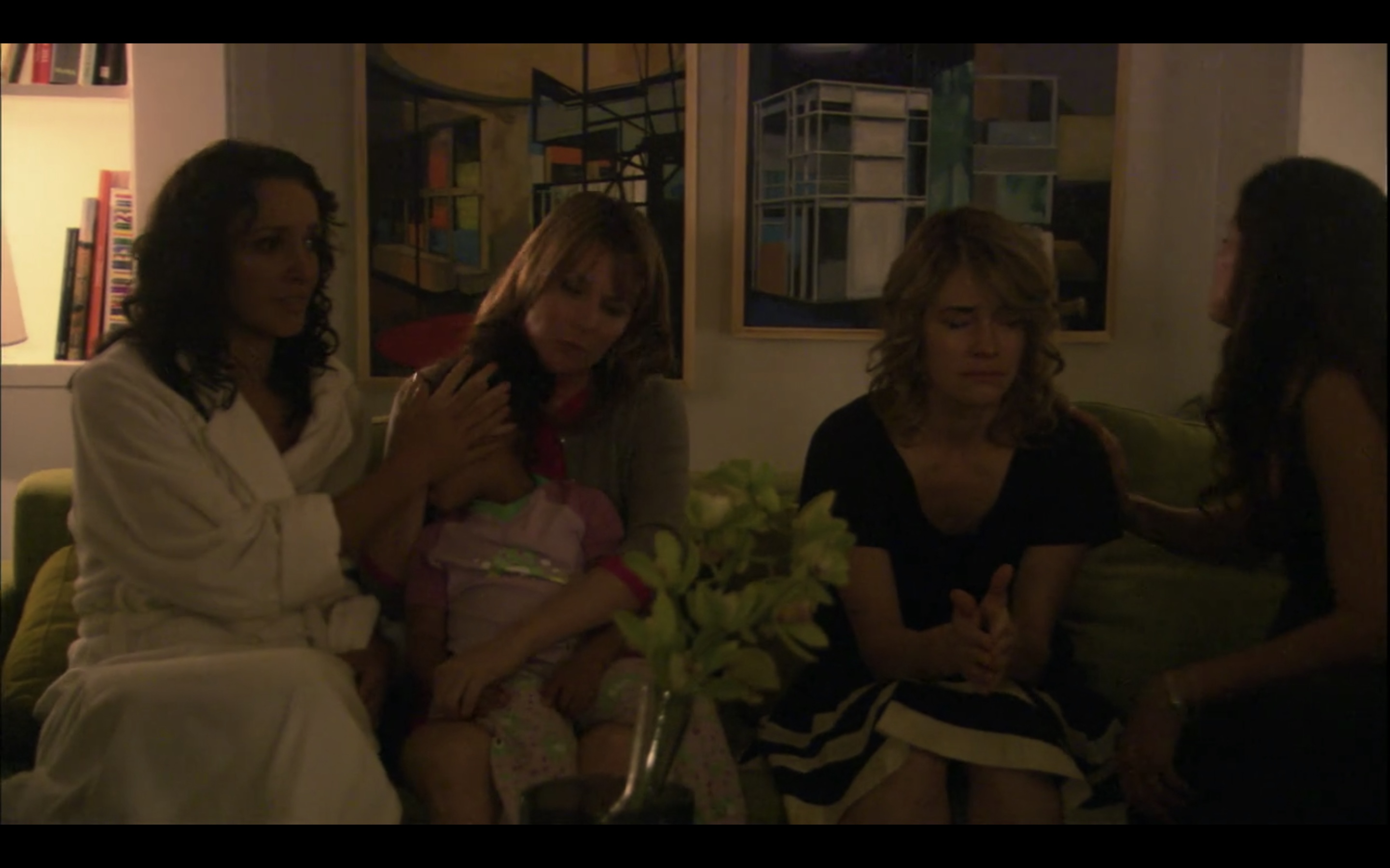 Bette and Tina's living room: Bette, Alice and Tina are upset and covering Angie's eyes