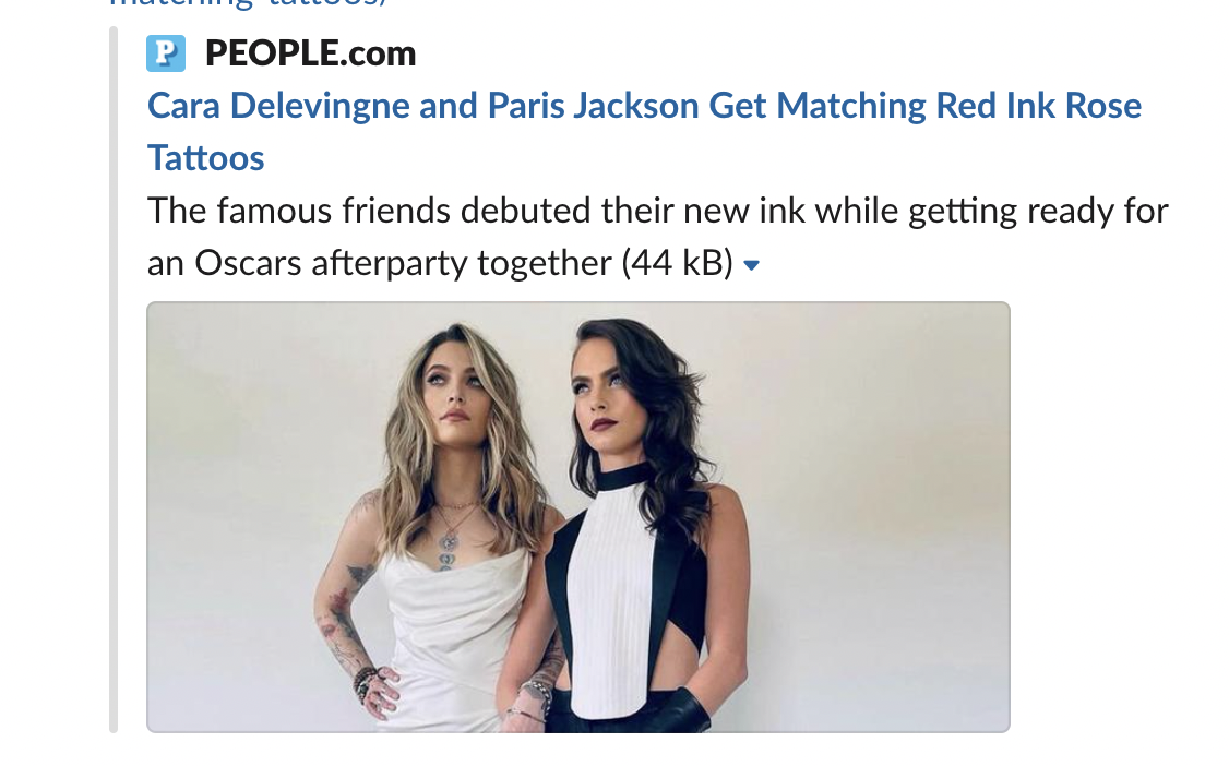 A screenshot of the cover of people magazine, depicting Cara Delevingne and Paris Jackson with matching tattoos