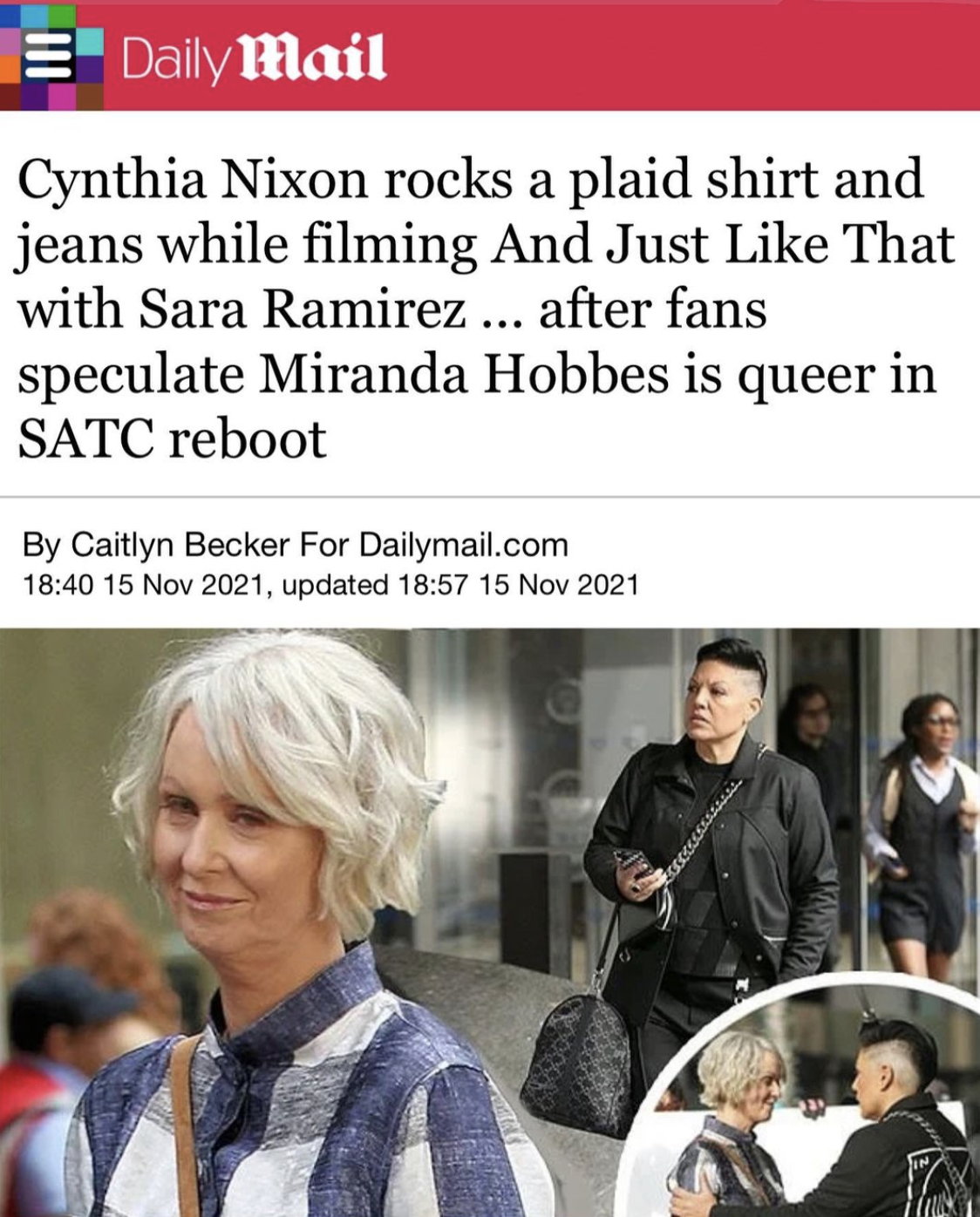 Daily Mail headline reads: Cynthia Nixon rocks a plaid shirt and jeans while filming And Just Like That with Sara Ramirez... after fans speculate that Miranda Hobbes is queer in SATC reboot
