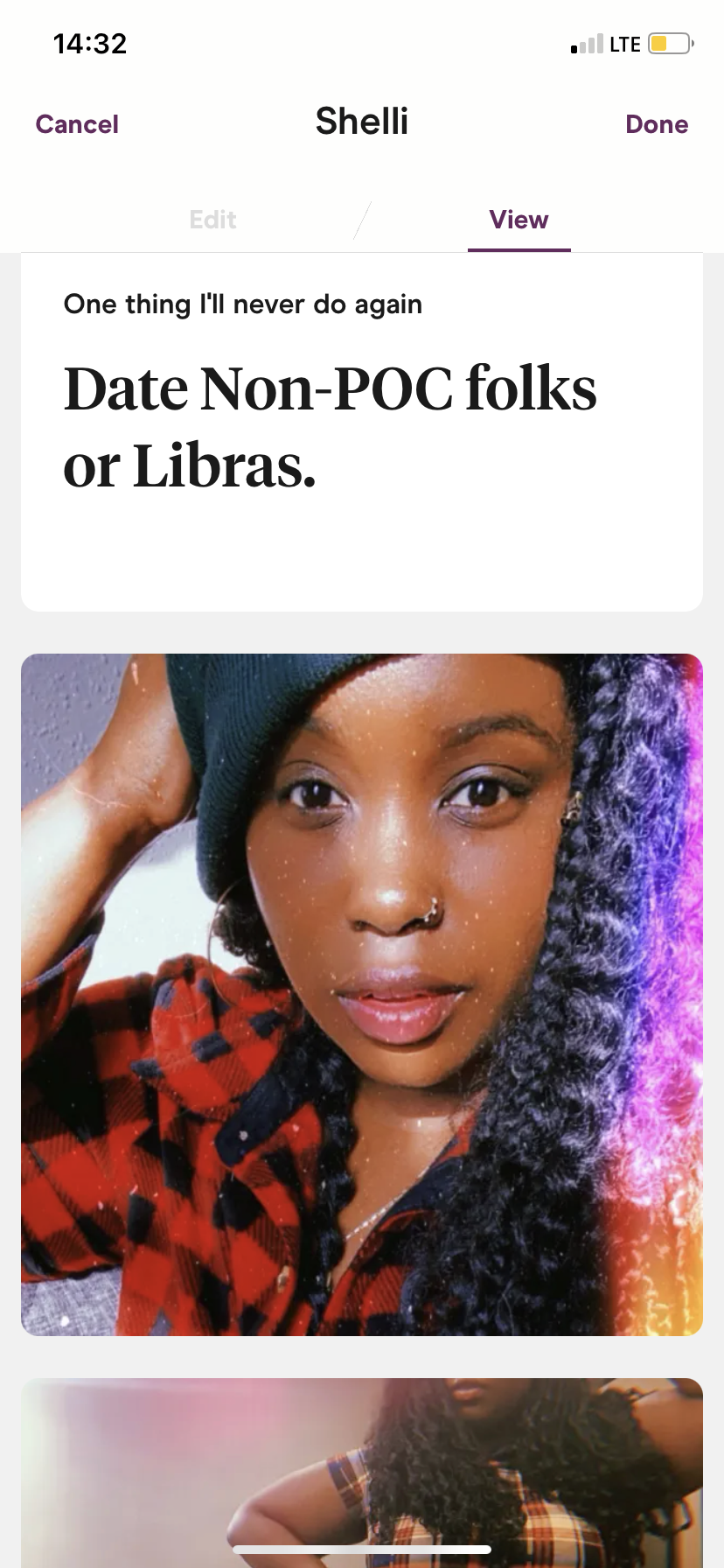 A photo of Shelli in her Hinge profile along with the prompt: "one thing I'll never do again: date non-POCs or Libras"