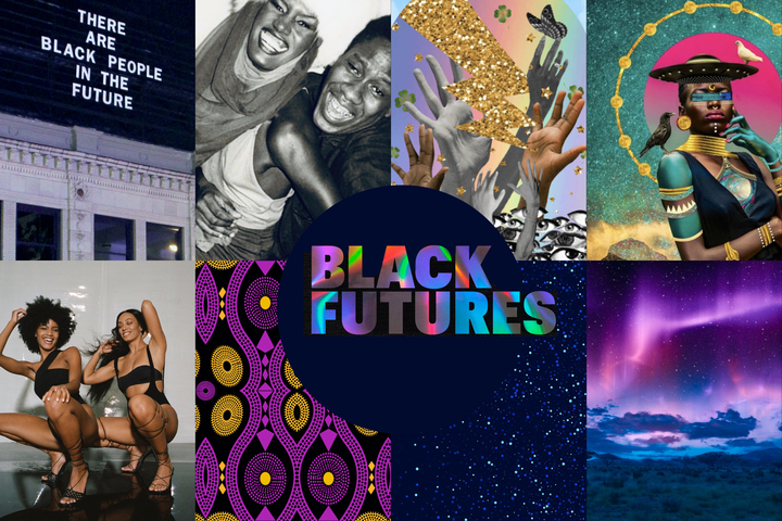 Carmen created a mood board for the vibe of Black History Month that had eight parts: a photograph of the art instillation "There Are Black People in the Future" which had the words in lights, there's also images of Andre Leon Talley dancing with Grace Jones at Studio 54, Solange Knowles dancing with a friend in 2019, african Ankara fabric, and starry night skies. The words "Black Futures" are cut out in the center in glowing letters.
