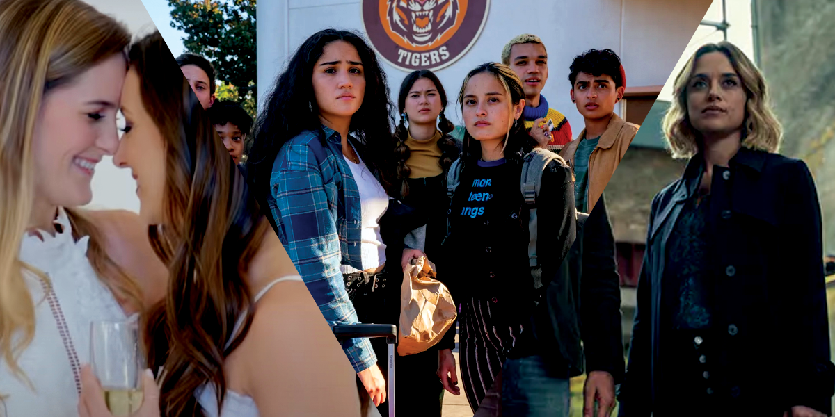 3-part graphic: two lesbian brides kissing, a group of kids in Genera+ion, a detective in 