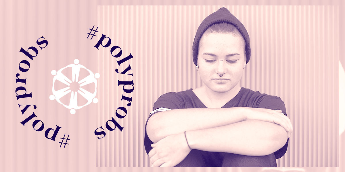 A solemn-looking person with short hair and a beanie looks downward as they hug their knees to their chest; the text #polyprobs is overlaid in a circle next to them.