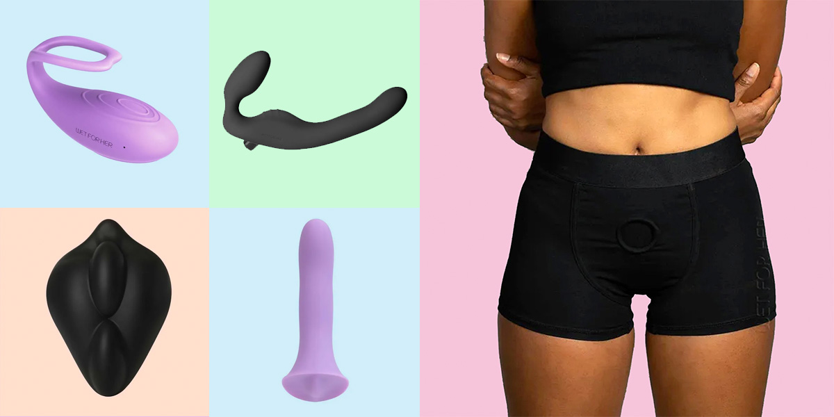 a grid of wet for her products on pastel backgrounds.