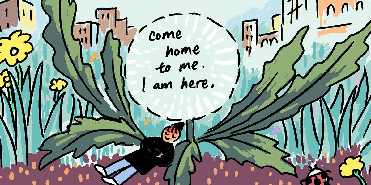 Yao lays against an oversized plant that's as big as city buildings, above them is a word bubble that reads: 