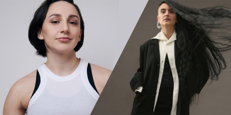 In a diagonal collage, Lauren Patten is in a white tank top and has a brunette bob cut under her chin, and next to her Sonya Teyah has on a suit with her hair shaved to one side and long dark brown ringlets cascading in the wind on the other