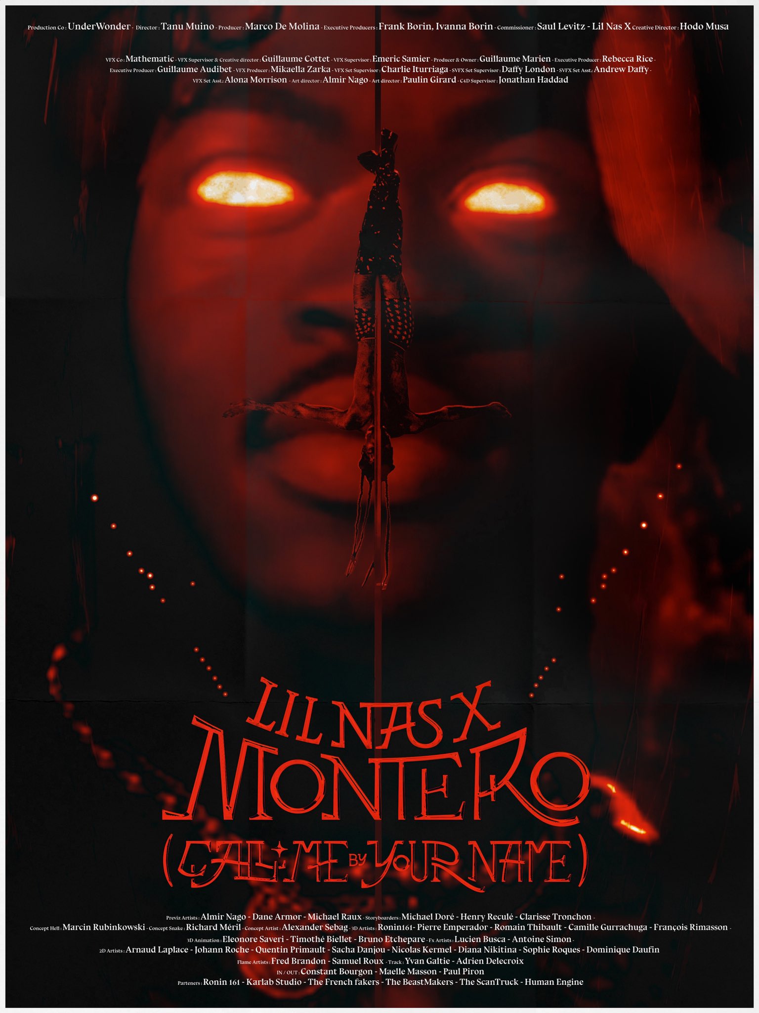 Image shows Lil Nas X with glowing red eyes. There is a red filter across the image and in the center a smaller version of Lil Nas X is coming down a stripper pole upside down.