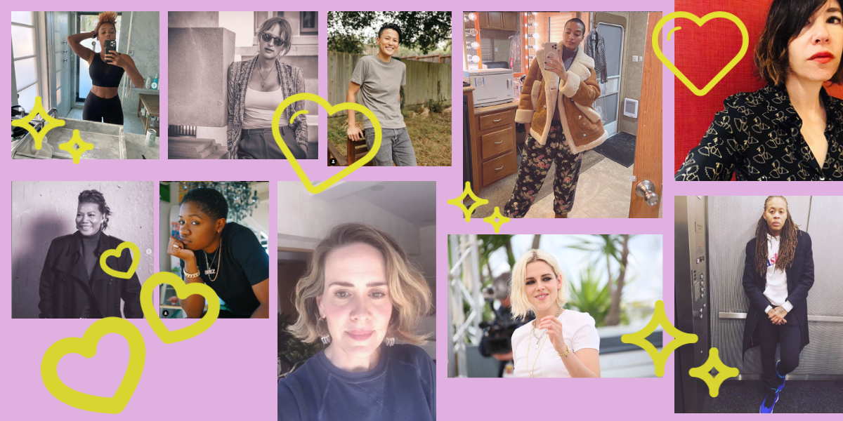 A collage of various queer celebrities (l to r: Janelle Monae, Queen Latifah, Jen Richards, Bre-z, Chef Melissa King, Sarah Paulson, Indya Moore, Kristen Stewart, Carrie Bronstein and Seimone Augustus). They are against a light pink background with pale green hearts and sparkles adorned throughout.