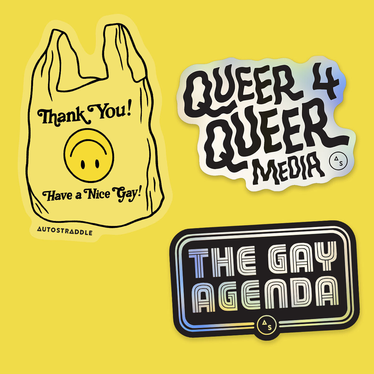 Queer Media Stickers Pack: "Thank You Have a Nice Gay" bag sticker, Queer 4 Queer Media Sticker, The Gay Agenda stickers
