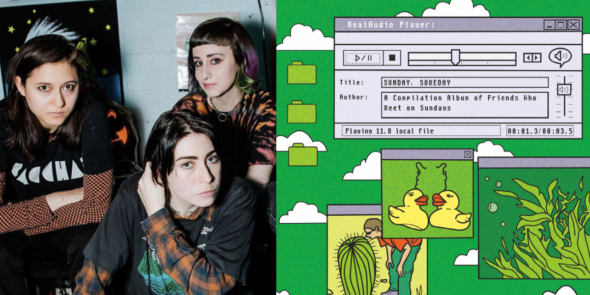 A collage of the band Potty Mouth (three people in dark shirts layered over long sleeve tops), it's next to the covert of 