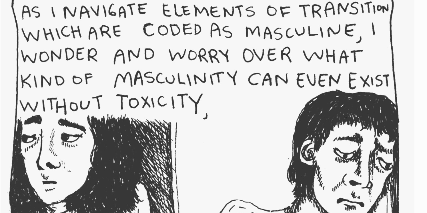 A crop of a black&white hand-drawn comic panel; a dialogue panel reads 