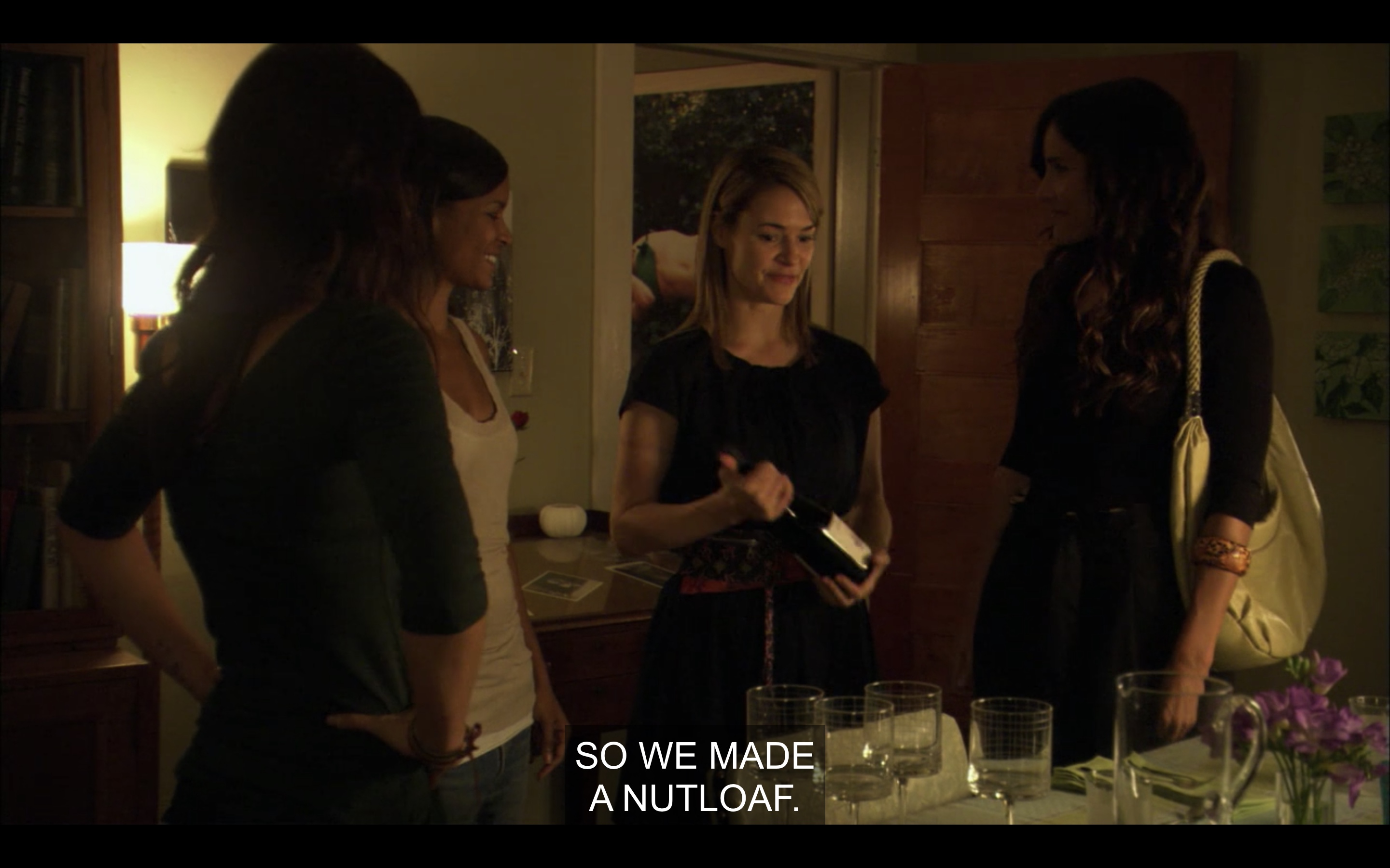 At the dinner table, Alice says "we made a nutloaf"