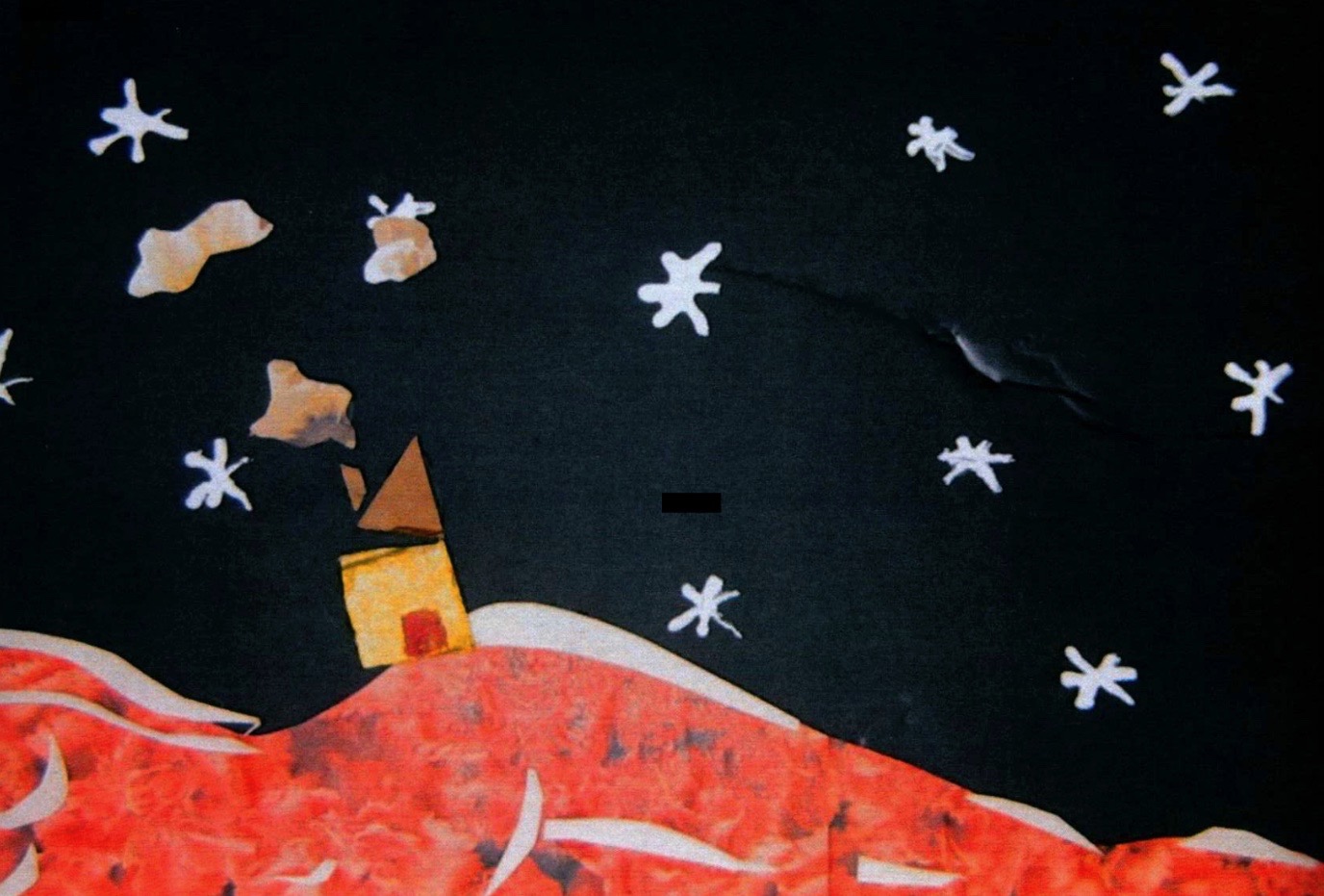 A collage-style visual of a small, simplistic yellow house on a hilly foreground of textured red; behind it is a background of a dark sky with hand-drawn stars