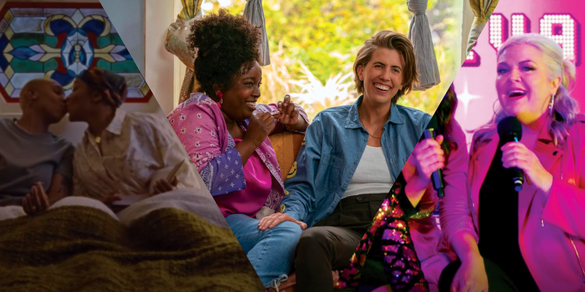 3-part graphic: denise kissing her girlfriend on master of none, fran and her girlfriend laughing on the couch in "shrill", paula pell as a grown up girl-band member in "girls 5eva"