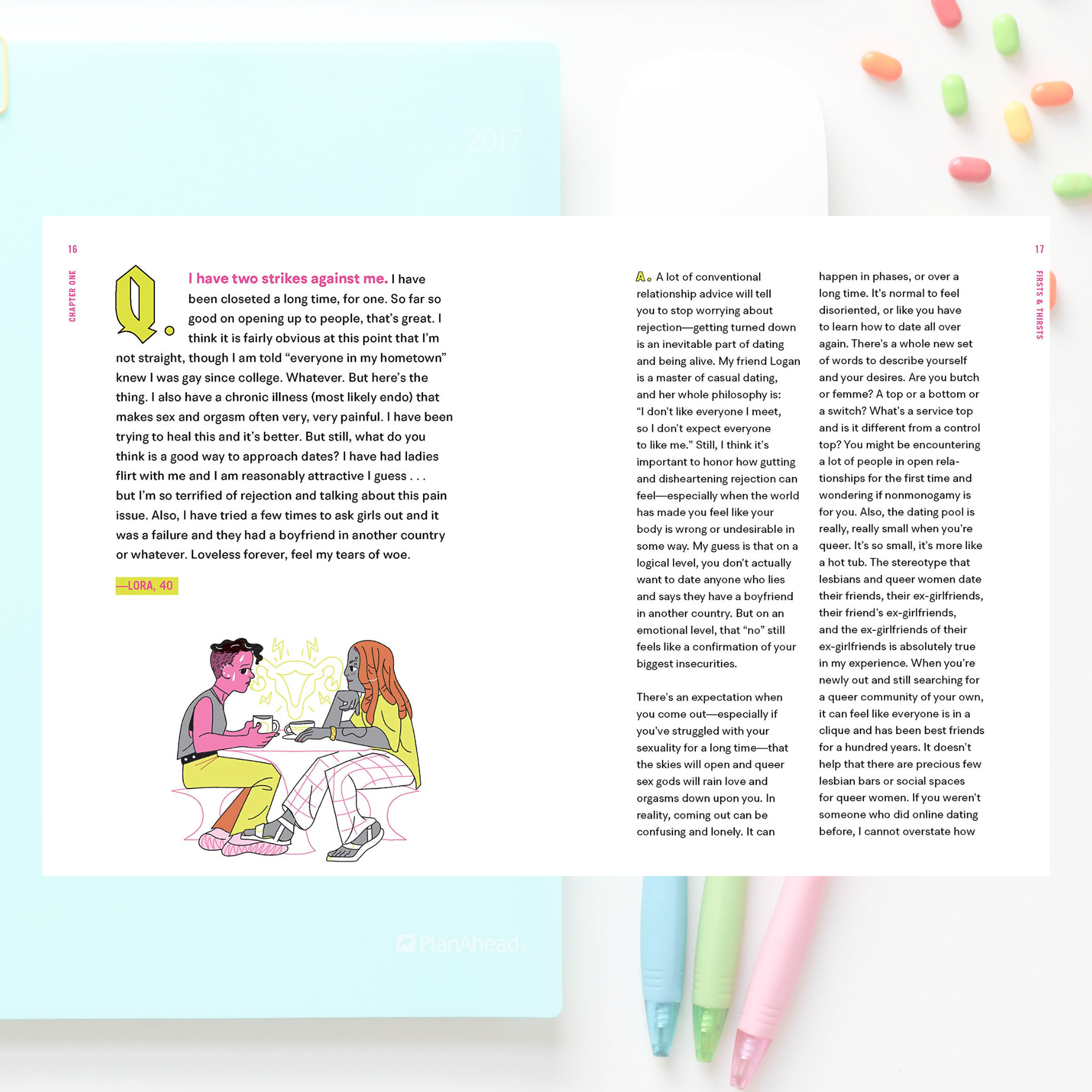 Image shows the text of question asked by a reader, and behind it there is another image of a notebook, pens and jelly beans.