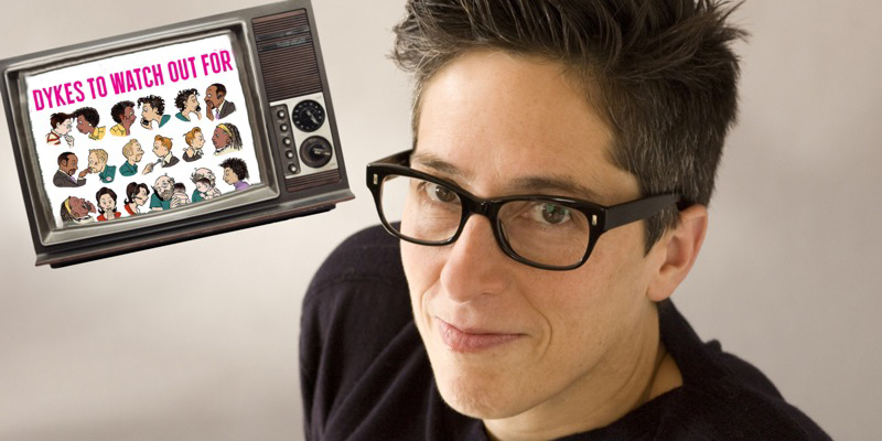 Alison Bechdel is against a white background in a black t shirt and black glasses. Next to her is a cut out of a television set with the cover of 