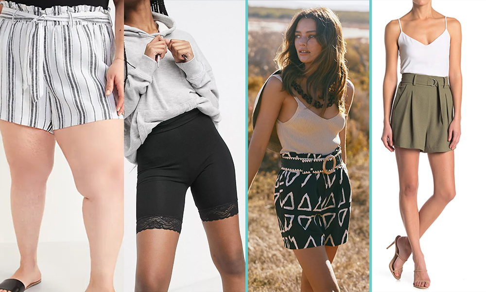 A composite of four photos of models wearing some really solid mommi-inspired shorts.