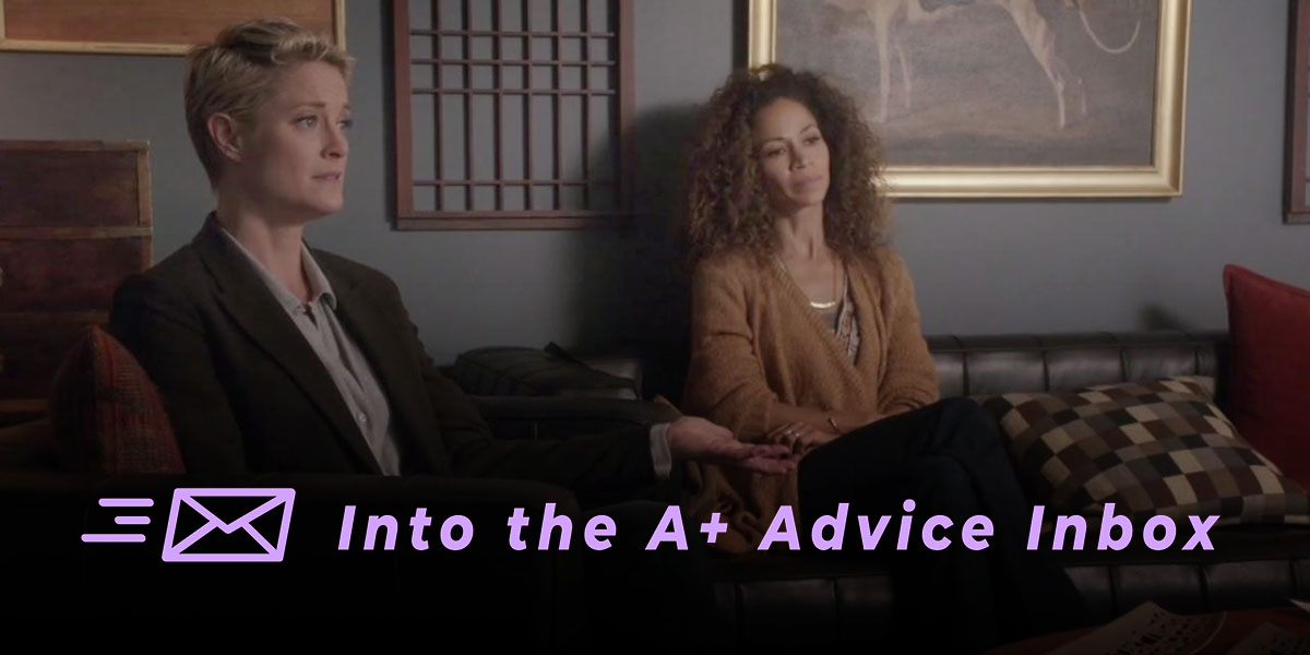 two characters from the show The Fosters sit on a couch and receive therapy. a graphic over top reads 