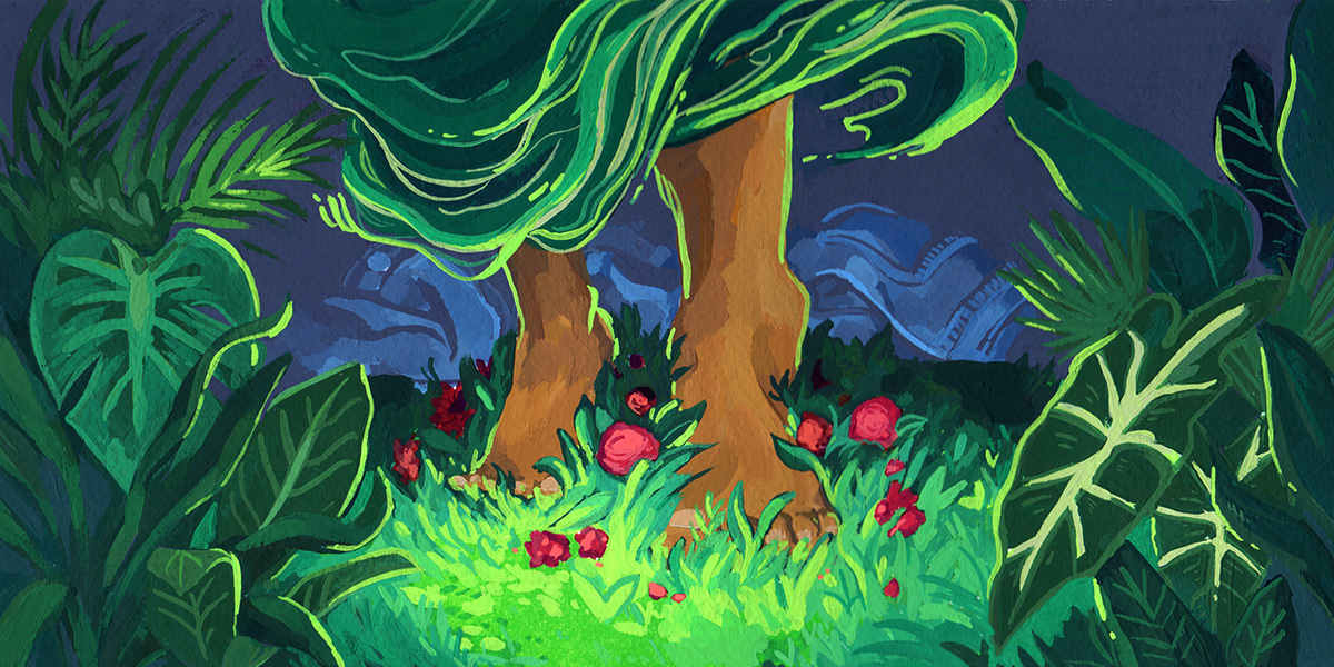 Brown feet walk through the bright green grass with red flowers strewn about. The person has on a green dress like fabric, but it's not shown in clear detail.