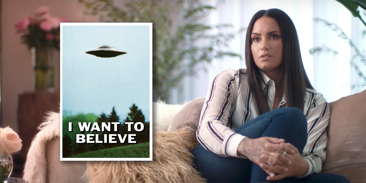 Demi Lovato in a couch with a poster of The X-Files iconic 