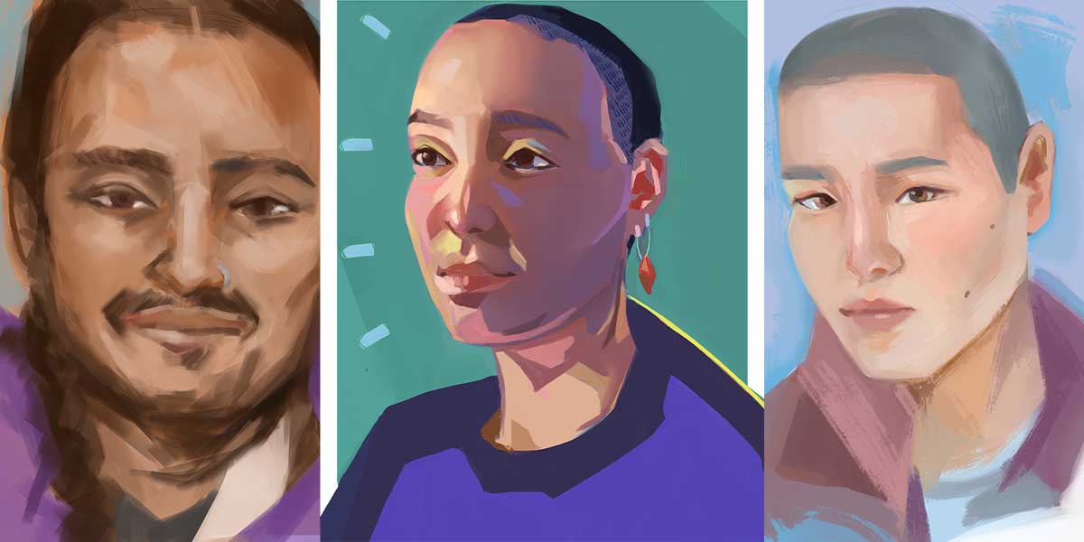 Three people side by side. Sasha on the left has brown skin and a braid. Fei in the middle has hair shaved, wears a dangly orange earring. Trang on the right has hair shaved and wears a red hoodie,